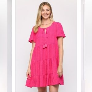 GiGio Textured Woven Tiered Dress with Tassel Tie and Pockets NWT